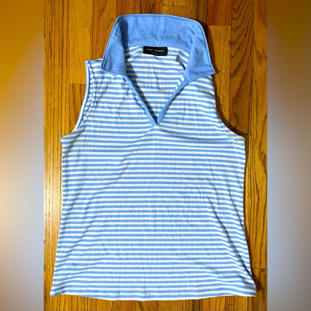 Lane Bryant Polo Sleeveless Open Vneck Blue White Stripe Nice!